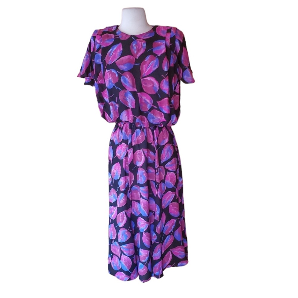 1980s Alexis Fashions Multi-Color Leaf Dress
